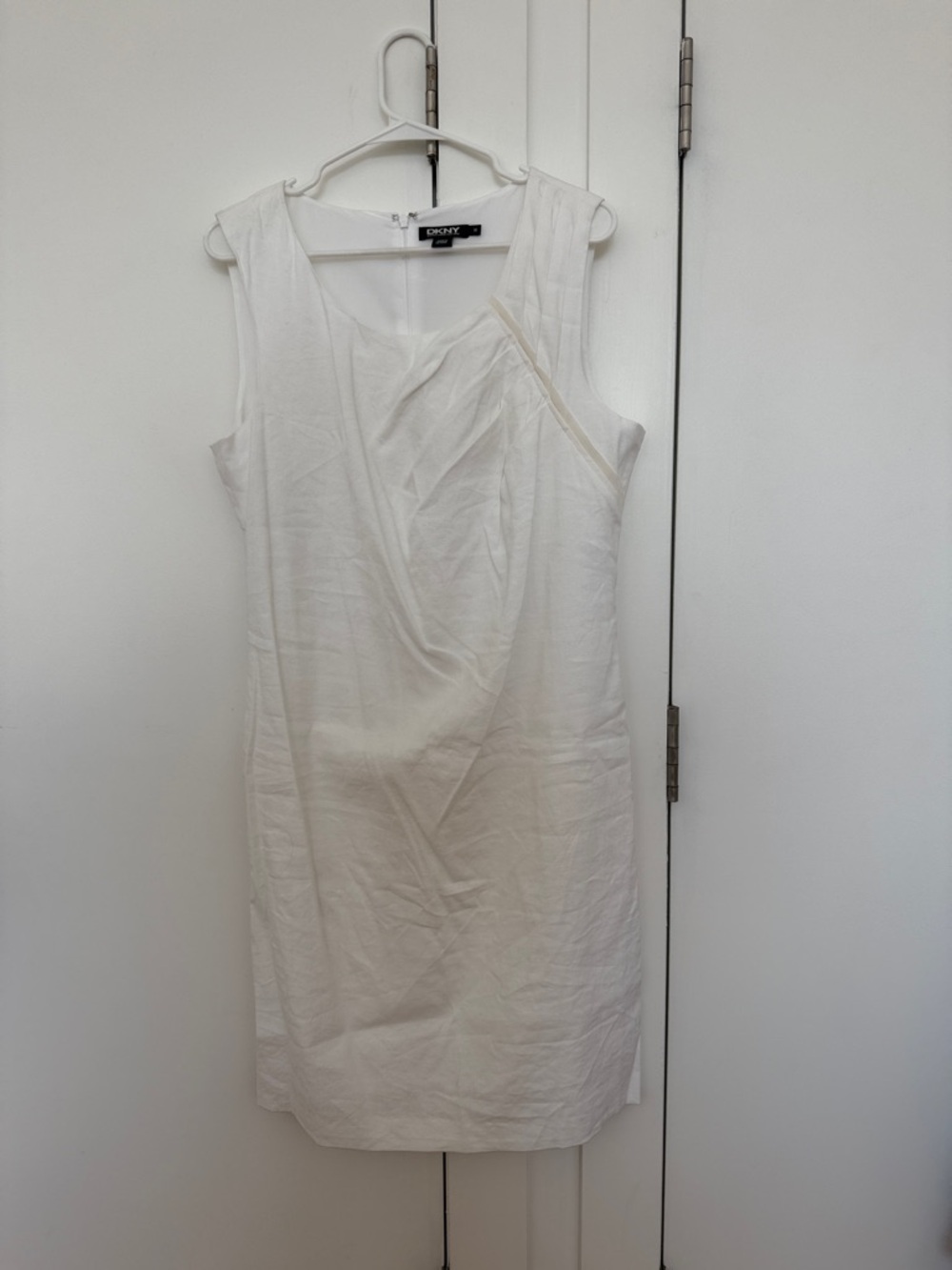 DKNY White Linen Stretch Spring Pleated Shoulder Dress Size 14